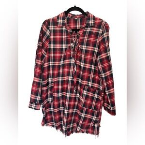 JODIFL Red and Black Plaid Dress Lace Up Front Pockets Frayed Hem Size S Grunge